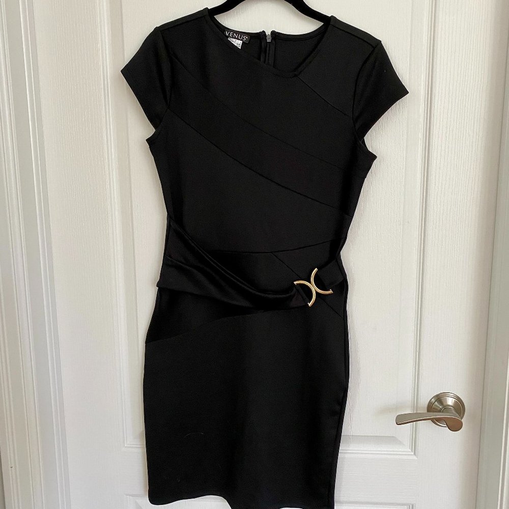 Venus Black Cap Sleeve Sheath Dress with Gold Buckle Detail Size S